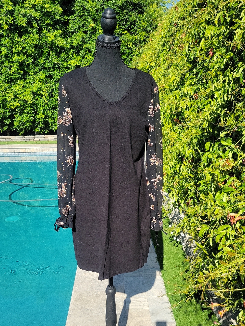 Black Dress with Beautiful Sheer Floral Sleeves With Bow Detailed Cuff L